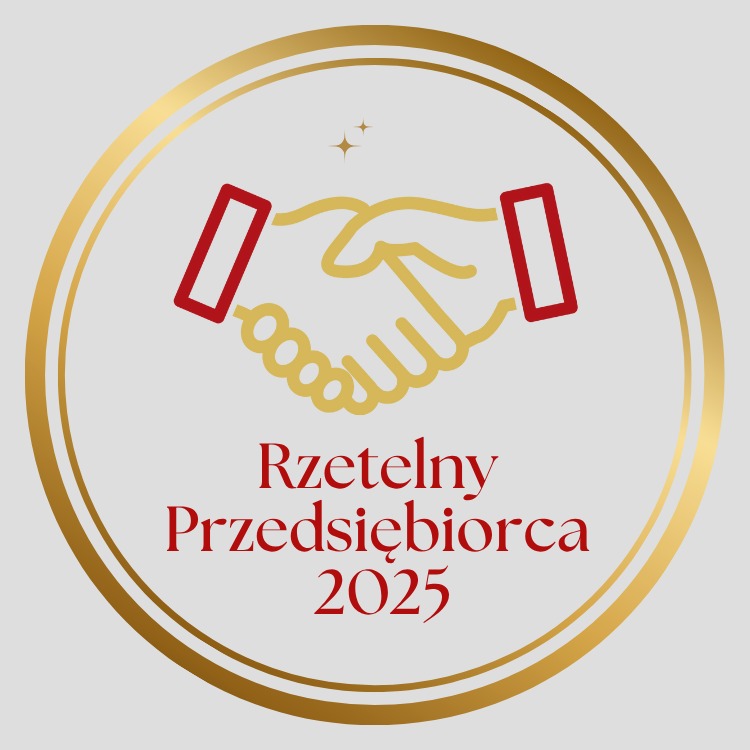 Złote logo 'Rzetelny Przedsiębiorca 2025' z uściskiem dłoni wewnątrz okręgu. Czerwone akcenty i delikatne gwiazdki dodają elegancji.