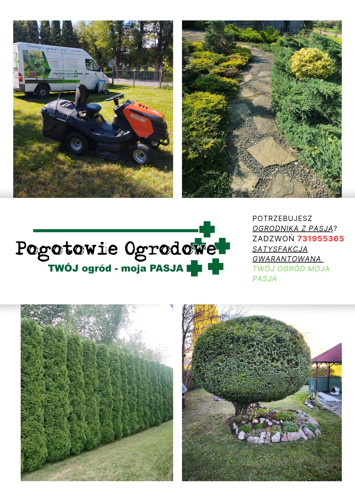 Kolaż zdjęć: kosiarka samojezdna, ścieżka w ogrodzie, szpaler tuj i formowane drzewo. Prezentacja usług ogrodniczych, w tym koszenia, pielęgnacji i zakładania ogrodów.