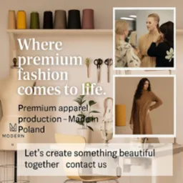 Pracownia odzieży: manekin krawiecki, nici, nożyczki, maszyna do szycia, modelka w sukience, dopasowywanie ubrania. Produkcja odzieży premium w Polsce.