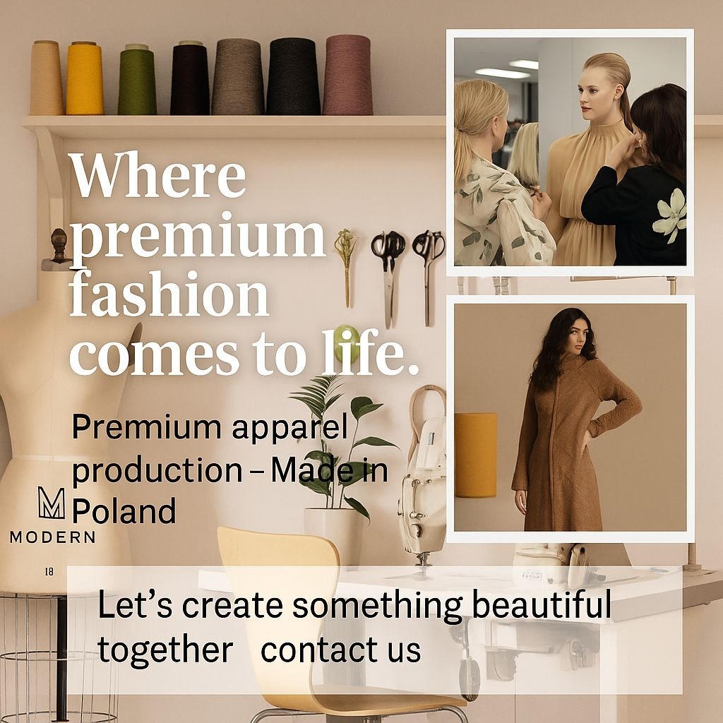 Pracownia odzieży: manekin krawiecki, nici, nożyczki, maszyna do szycia, modelka w sukience, dopasowywanie ubrania. Produkcja odzieży premium w Polsce.