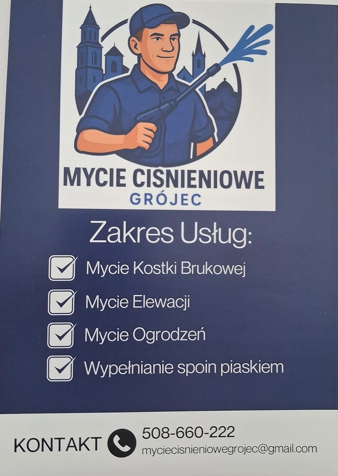 Grafika reklamowa: zakres usług mycia ciśnieniowego w Grójcu. Oferta obejmuje mycie kostki, elewacji, ogrodzeń oraz wypełnianie spoin piaskiem. Kontakt telefoniczny i mailowy.