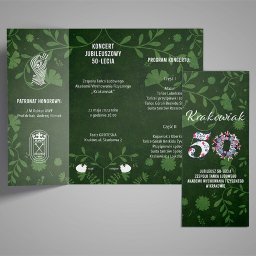 NOKO-CREATE PATRYK WOJEWODZIC - Zielony, jubileuszowy folder i ulotka koncertu Zespołu Tańca Ludowego AWF 'Krakowiak', z programem i informacjami o wydarzeniu, w stylistyce roślinnej.