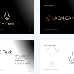NOKO-CREATE PATRYK WOJEWODZIC - Prezentacja identyfikacji wizualnej marki KAEM CANDLE: logo główne, logo poziome, typografia i konstrukcja logo, na gradientowym czarno-białym tle.