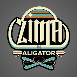 NOKO-CREATE PATRYK WOJEWODZIC - Stylizowany, wektorowy logotyp z napisem 'ZIMA by ALIGATOR', z motywem nart i gogli narciarskich, utrzymany w retro kolorystyce na szarym tle.
