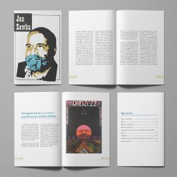 NOKO-CREATE PATRYK WOJEWODZIC - Rozkładówka książki o Janie Sawce z ilustracją na okładce i spisem treści. Widoczne strony z tekstem i grafiką. Szary neutralny odcień tła.