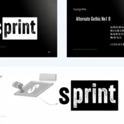 Projekt logo 'Sprint' z typografią Alternate Gothic No1 D. Czarno-biała prezentacja z konstrukcją logo i przykładami zastosowania. Numeracja stron w prawym dolnym rogu.