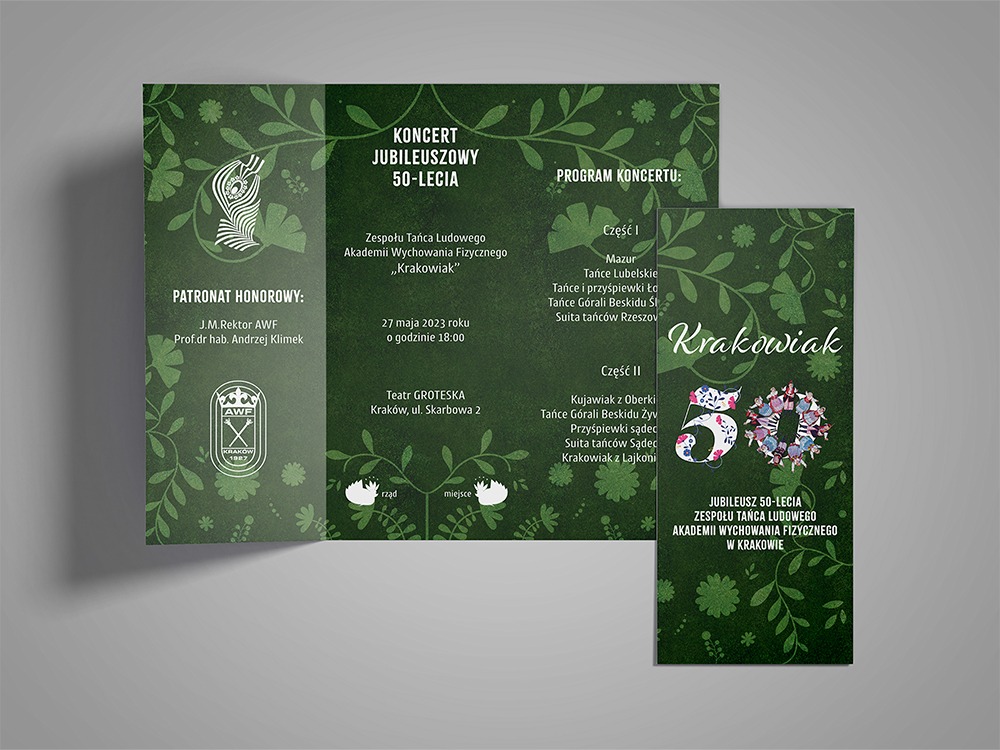 Zielony, jubileuszowy folder i ulotka koncertu Zespołu Tańca Ludowego AWF 'Krakowiak', z programem i informacjami o wydarzeniu, w stylistyce roślinnej.