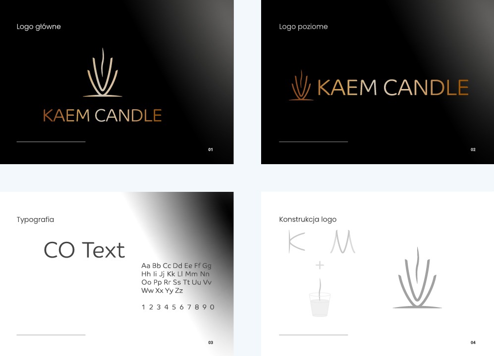 Prezentacja identyfikacji wizualnej marki KAEM CANDLE: logo główne, logo poziome, typografia i konstrukcja logo, na gradientowym czarno-białym tle.