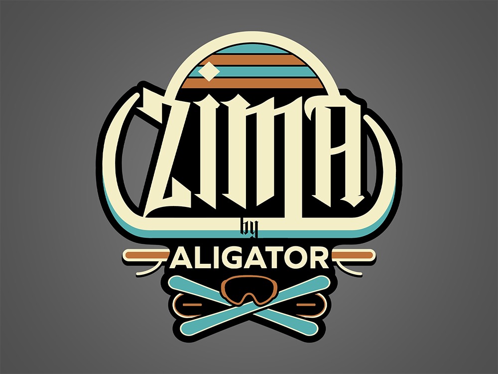 Stylizowany, wektorowy logotyp z napisem 'ZIMA by ALIGATOR', z motywem nart i gogli narciarskich, utrzymany w retro kolorystyce na szarym tle.