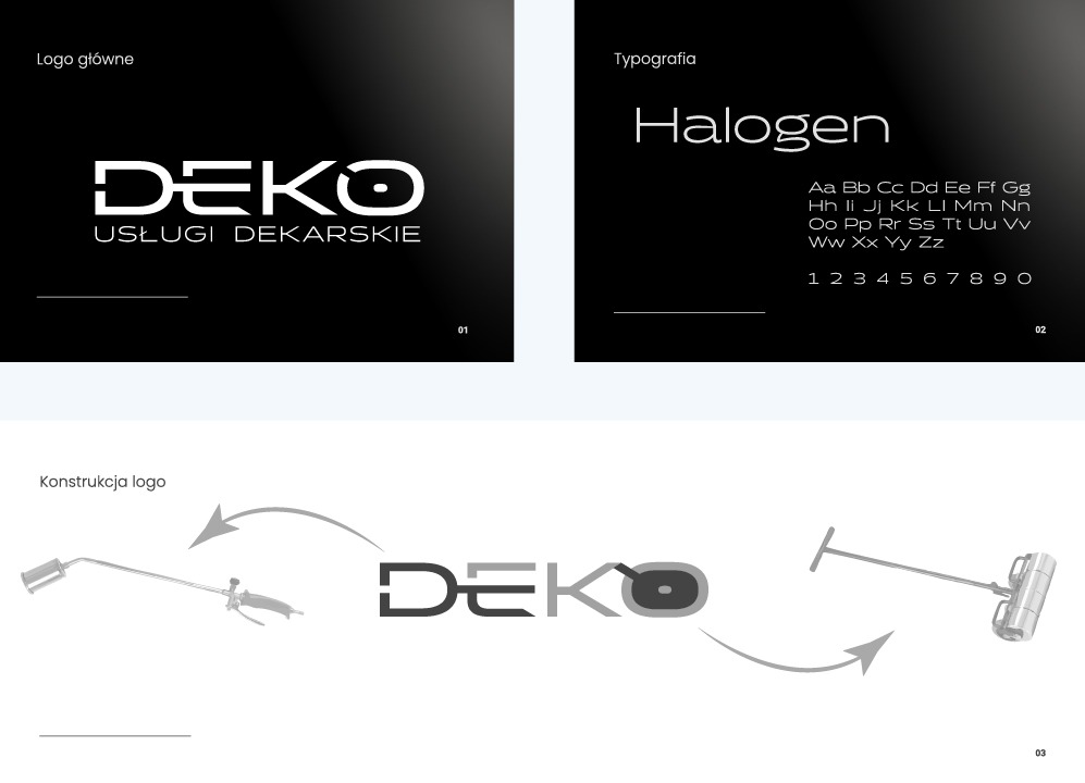 Prezentacja identyfikacji wizualnej firmy DEKO, z logo, typografią Halogen i konstrukcją logo, ukazująca proces tworzenia znaku graficznego.