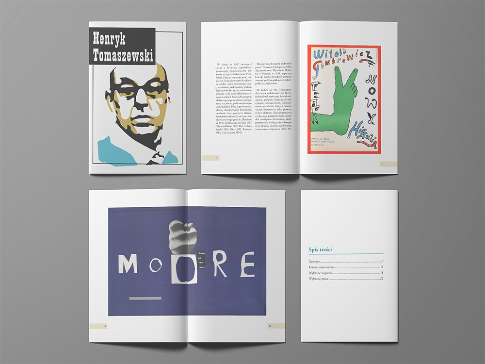 Rozłożony katalog z projektami graficznymi: okładka z portretem Henryka Tomaszewskiego, strona z plakatem Witolda Gombrowicza i spis treści. Minimalistyczny układ.