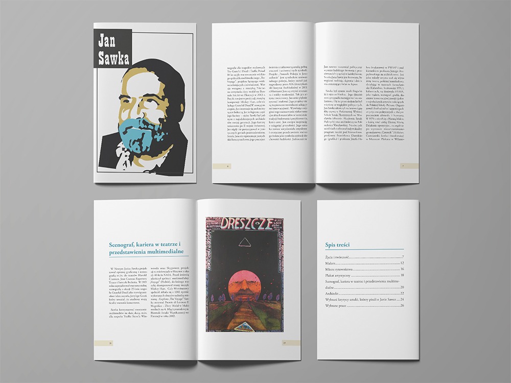 Rozkładówka książki o Janie Sawce z ilustracją na okładce i spisem treści. Widoczne strony z tekstem i grafiką. Szary neutralny odcień tła.