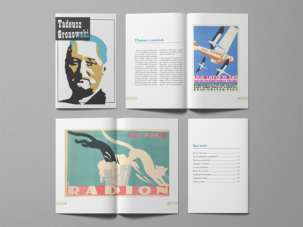 Książka o Tadeuszu Gronowskim otwarta na różnych stronach, prezentująca okładkę, ilustracje i spis treści. Widoczne grafiki w stylu retro i modernistyczny design.