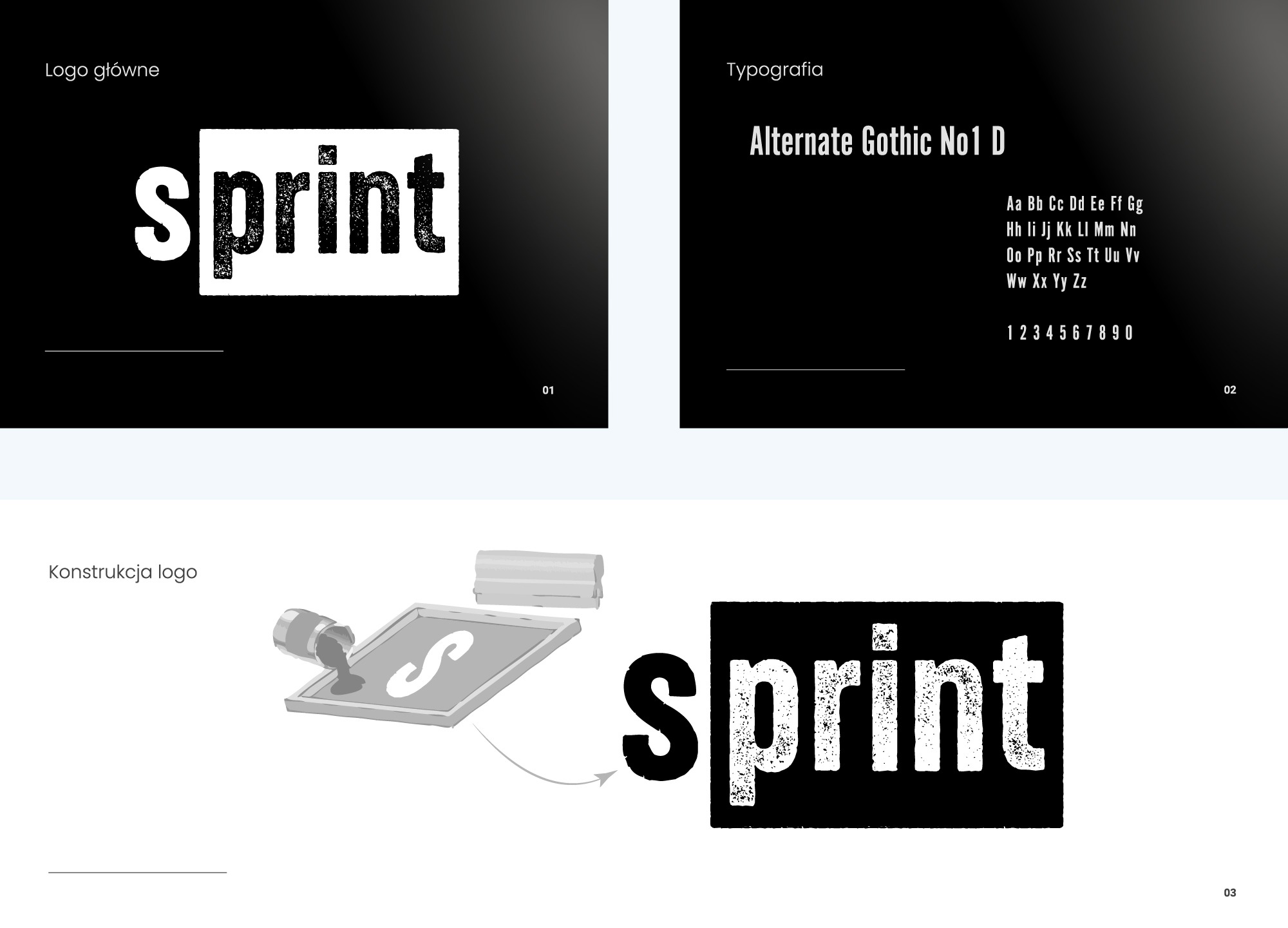 Projekt logo 'Sprint' z typografią Alternate Gothic No1 D. Czarno-biała prezentacja z konstrukcją logo i przykładami zastosowania. Numeracja stron w prawym dolnym rogu.