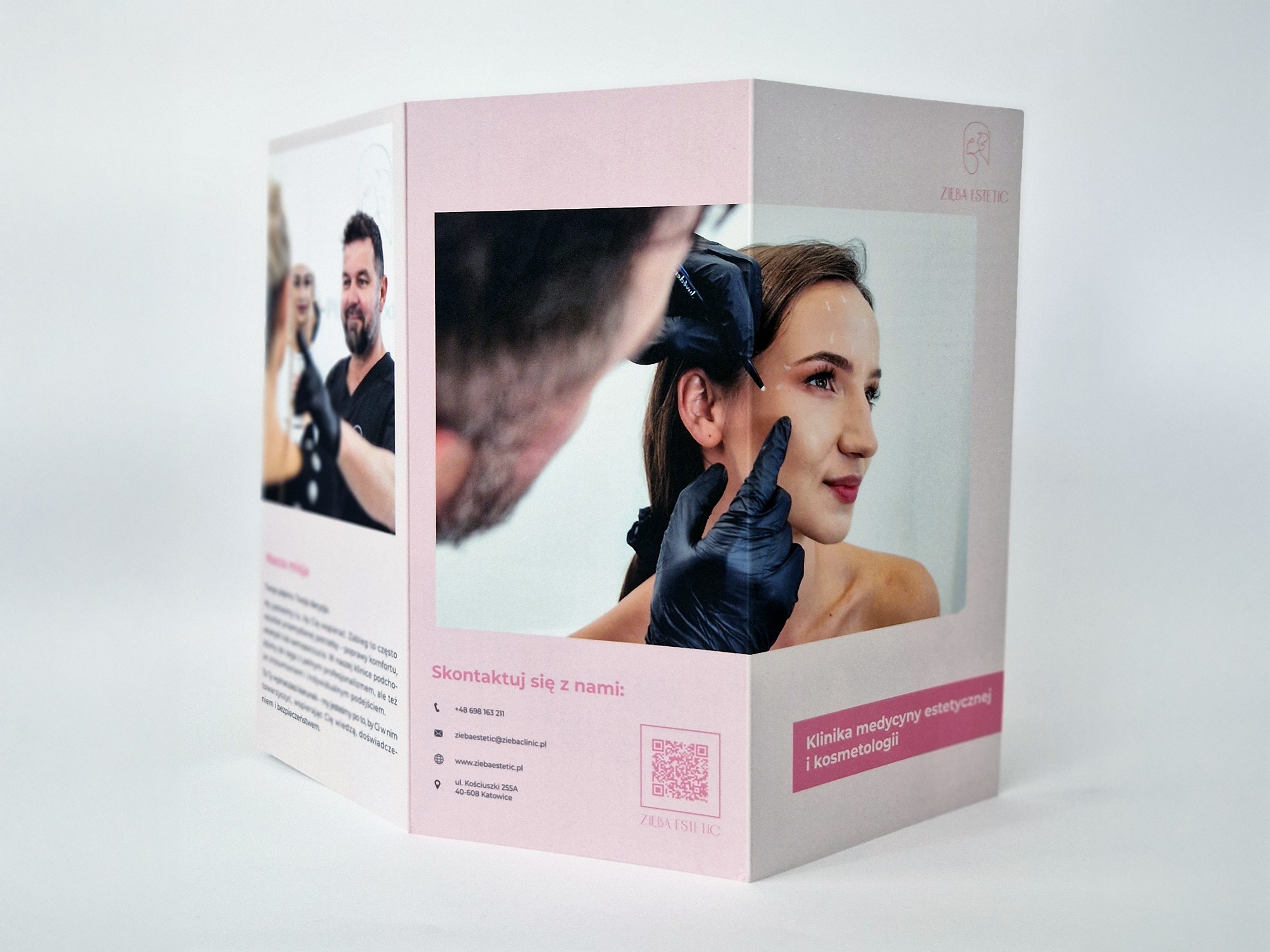 Trójwymiarowa ulotka reklamowa kliniki medycyny estetycznej ŻIEBA ESTETIC, prezentująca zabieg upiększający. Widoczne zdjęcia z zabiegów i dane kontaktowe.