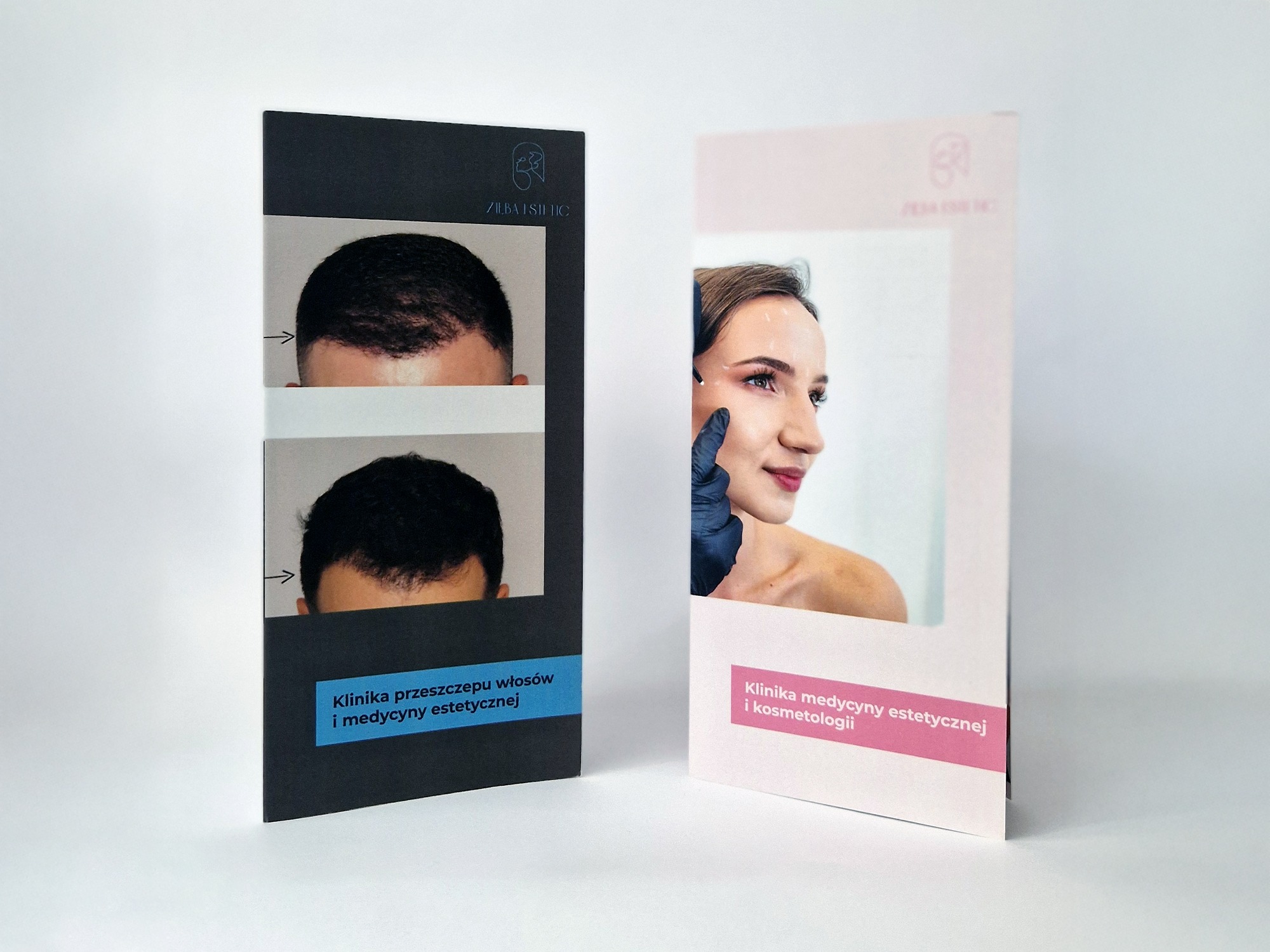 Dwie ulotki: czarna z przykładem przeszczepu włosów przed i po, różowa z zabiegiem medycyny estetycznej na twarzy kobiety. Minimalistyczny design, neutralne tło.