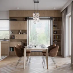 Jadalnia w odcieniach brązu i beżu: parkiet w jodełkę, stół z nakryciem, krzesła z weluru, zabudowa meblowa z półkami i okno z żaluzjami.