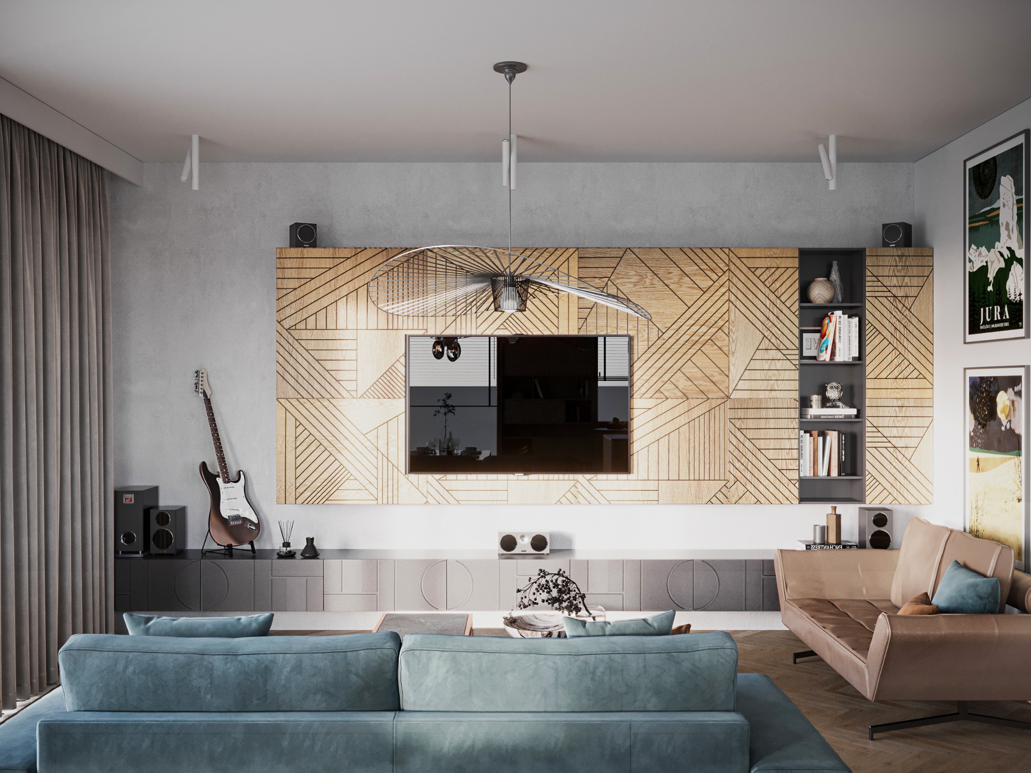 Nowoczesny salon z drewnianą ścianą dekoracyjną, telewizorem i designerską lampą. Uwagę przykuwa gitara elektryczna stojąca obok głośników.