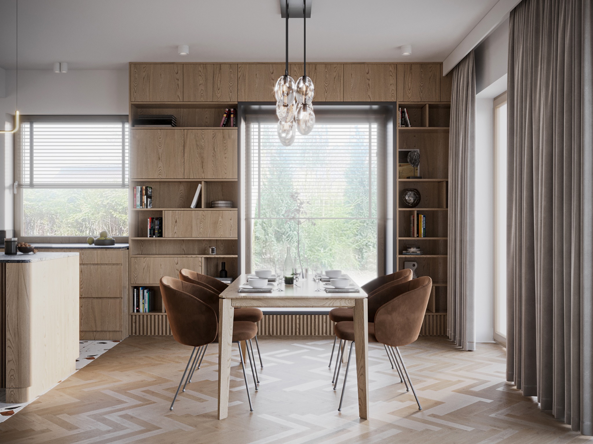 Jadalnia w odcieniach brązu i beżu: parkiet w jodełkę, stół z nakryciem, krzesła z weluru, zabudowa meblowa z półkami i okno z żaluzjami.
