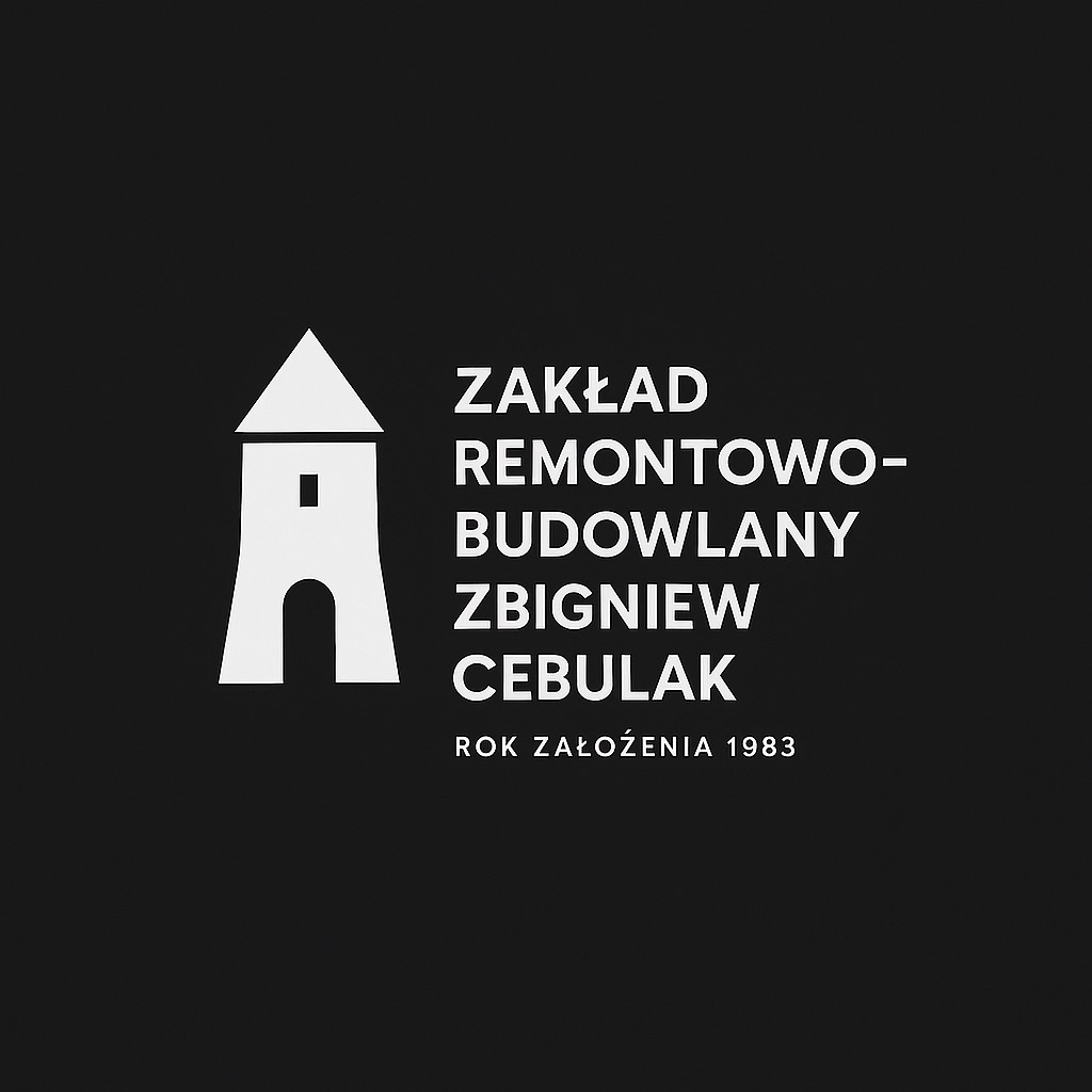 Minimalistyczne logo firmy remontowo-budowlanej Zbigniew Cebulak z symbolem budynku i rokiem założenia 1983, na czarnym tle. Prosty, geometryczny design.