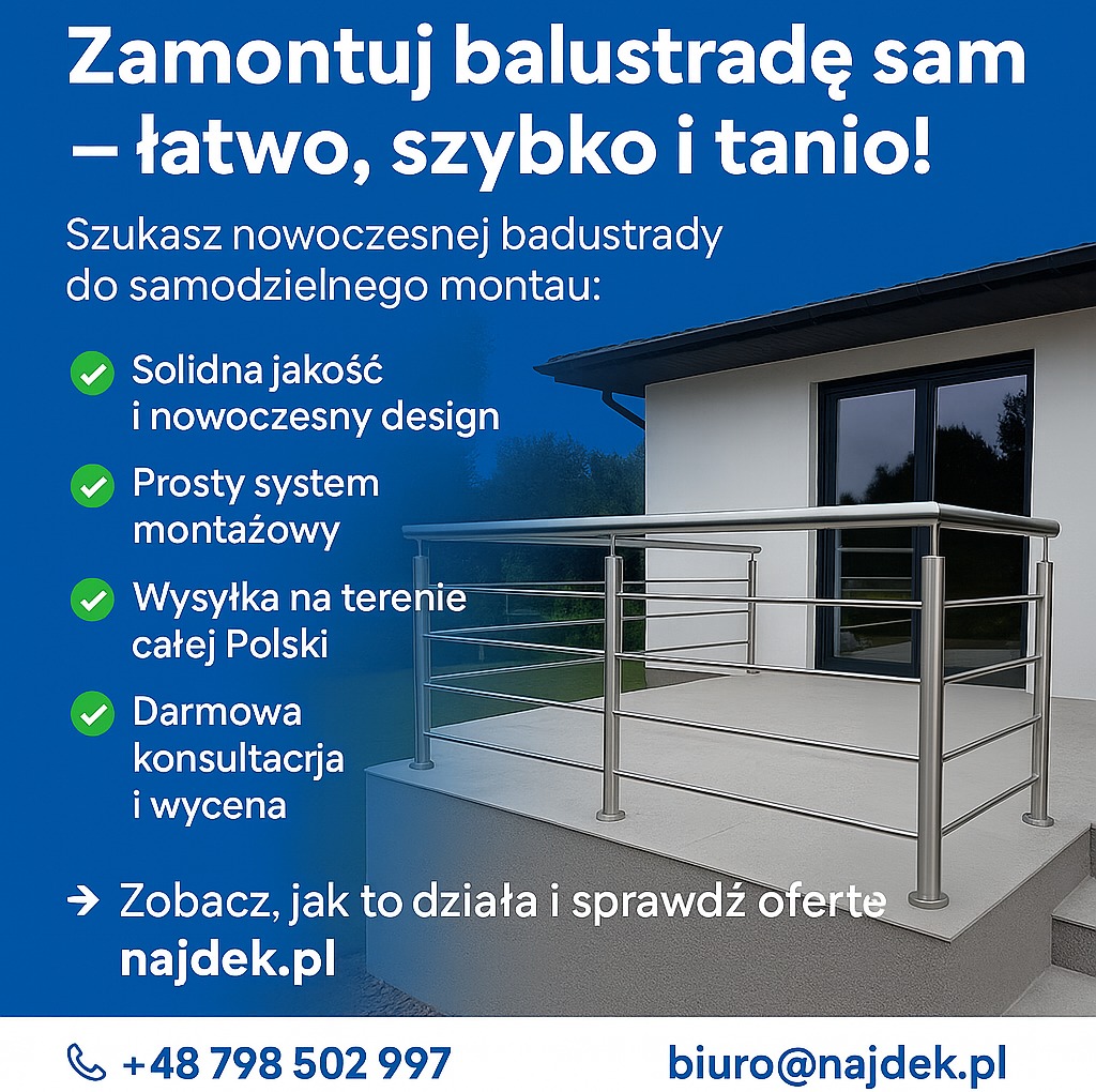 Balkon z nowoczesną, metalową balustradą na tle białego budynku. Reklama zachęca do samodzielnego montażu. Widoczne logo firmy i dane kontaktowe.