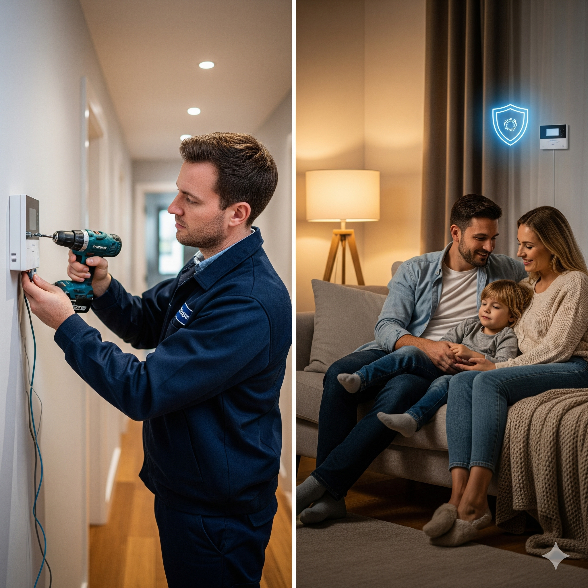 Instalacja alarmu: monter w uniformie wierci panel sterowania. Po prawej rodzina na kanapie, a na ścianie świecąca ikona tarczy alarmu.
