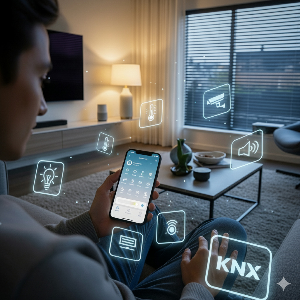 Mężczyzna steruje inteligentnym domem za pomocą smartfona. Na ekranie ikony: oświetlenie, temperatura, monitoring, dźwięk i KNX. Nowoczesne wnętrze w tle.