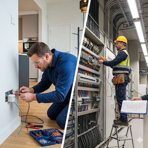 Elektryk w okularach ochronnych pracuje nad gniazdkiem, obok skrzynka z narzędziami. Drugi elektryk na drabinie mierzy napięcie w rozdzielnicy.