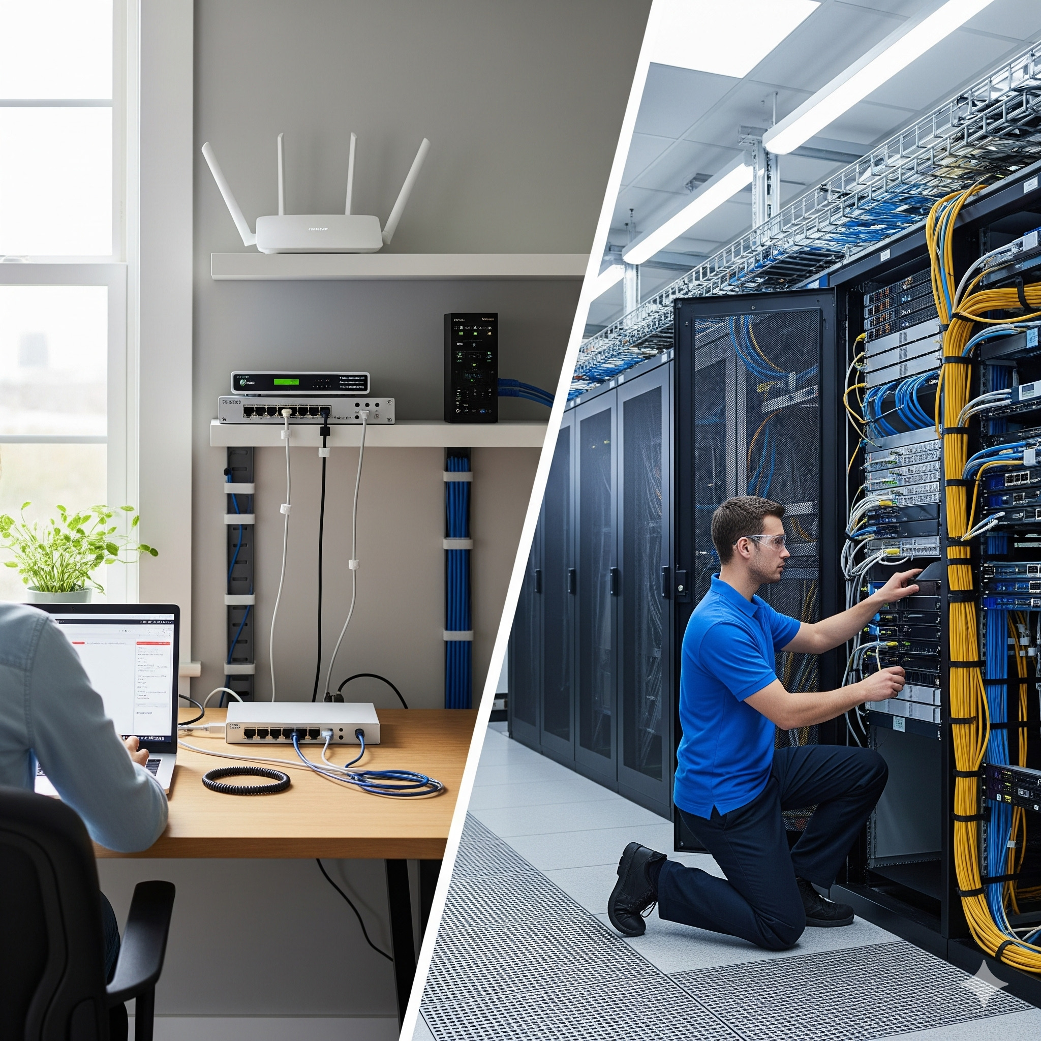Kompozycja dwóch scen: domowa sieć z routerem i biurkiem oraz serwerownia z technikiem przy szafie rack. Kable uporządkowane. Estetyczna instalacja.