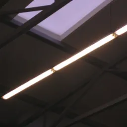 Równoległa świetlówka zamontowana pod sufitem hali przemysłowej, widoczne elementy konstrukcji dachu i świetlik.