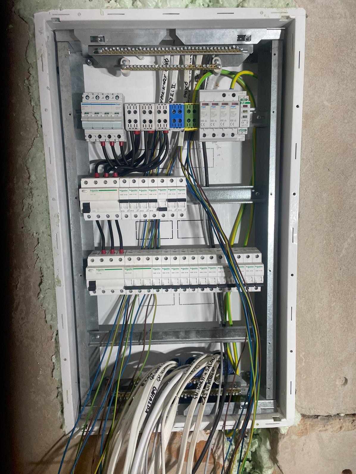 Rozdzielnica elektryczna w trakcie montażu, widoczne zabezpieczenia, przewody z opisami, szyna DIN. Biała obudowa w surowym wnętrzu.