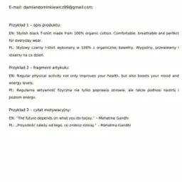 Dokument z przykładami tłumaczeń z języka angielskiego na polski, obejmujący opisy produktów, fragmenty artykułów i cytaty motywacyjne. Damian Dominkiewicz.