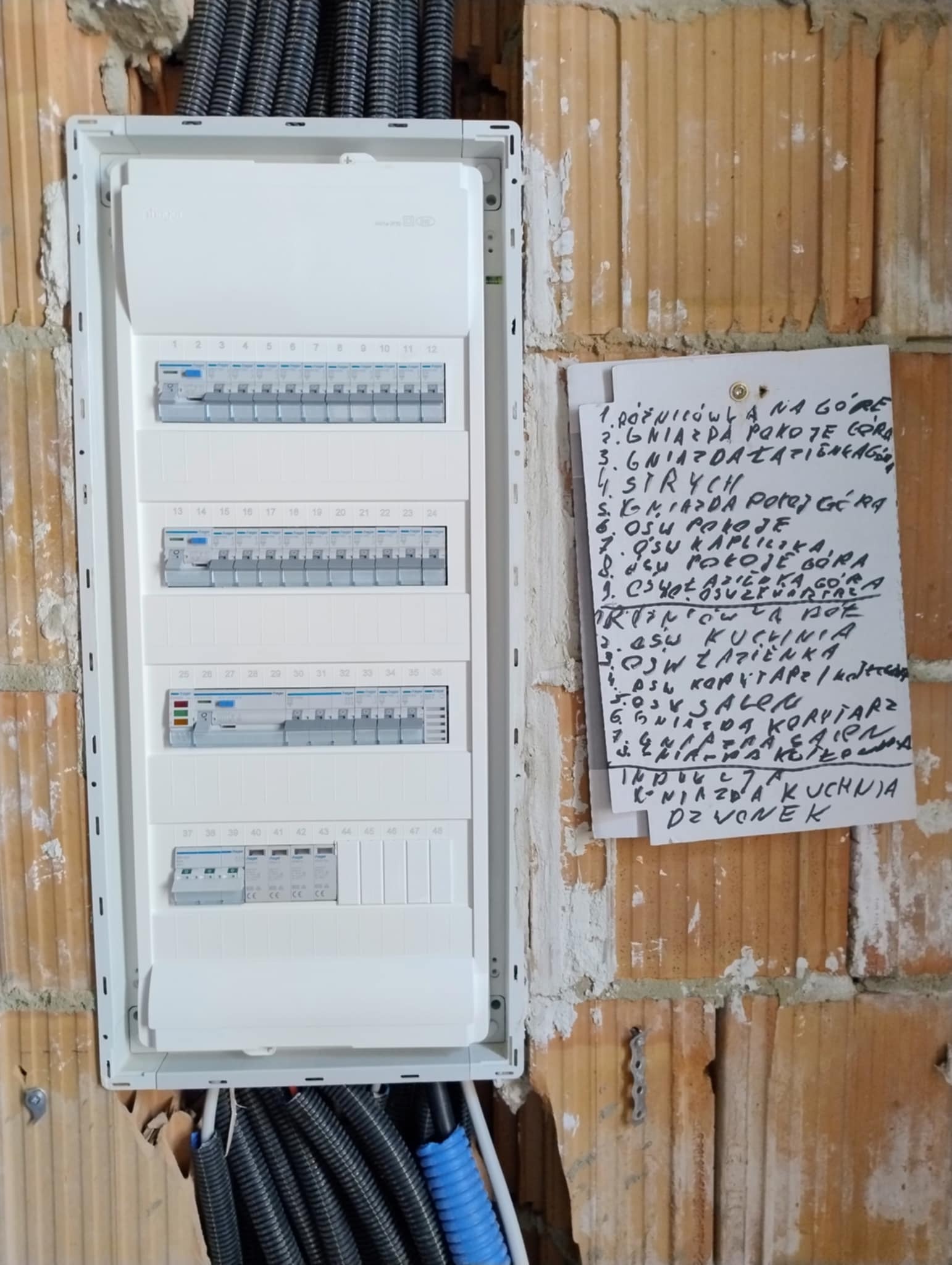Rozdzielnia elektryczna w trakcie montażu w surowym murze. Widoczne kable i notatka z opisem obwodów. Realizacja instalacji elektrycznej w nowym budynku.