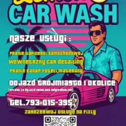 Grafika reklamowa: Lemon Car Wash z ofertą prania tapicerki samochodowej, detalingu wnętrza i prania kanap, foteli, materacy. Różowy samochód i kod QR.