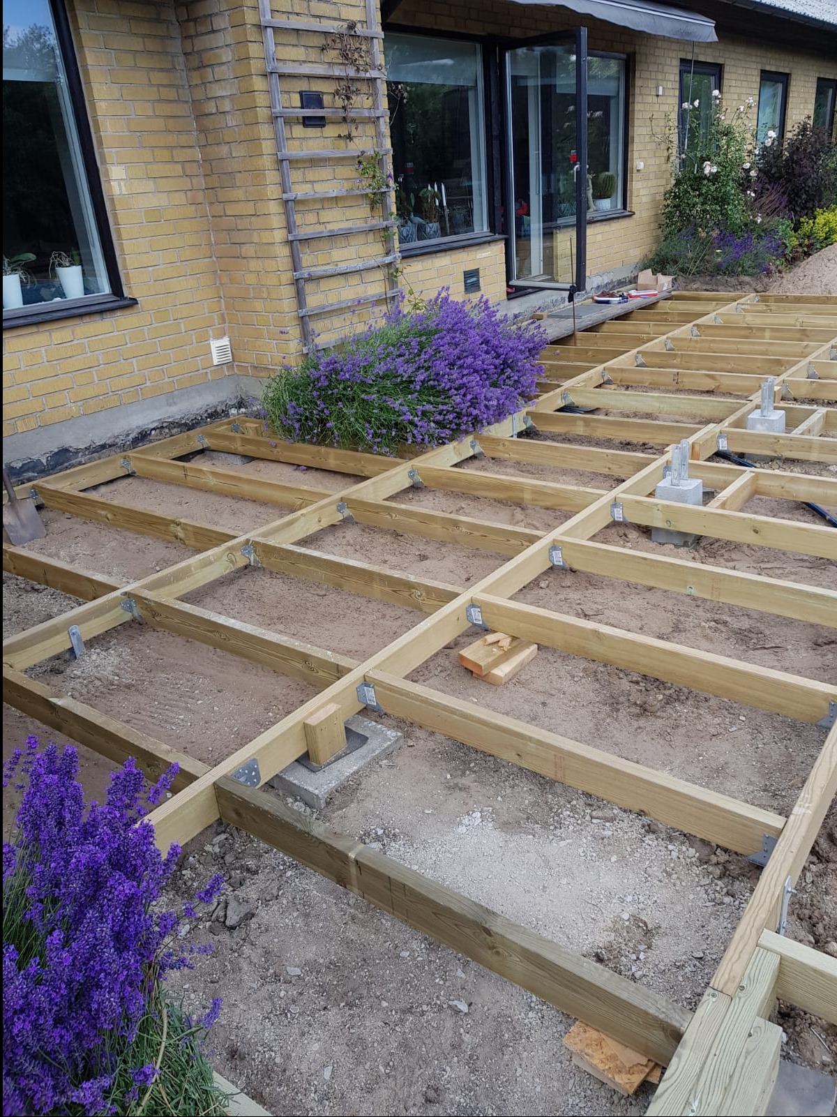 Konstrukcja pod przyszły taras z drewnianych belek na betonowych wspornikach, z fioletową lawendą w tle i po bokach. Widok z góry na plac budowy.