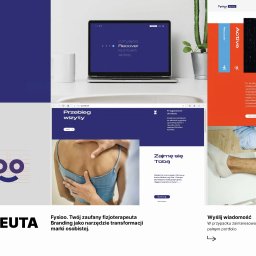 Goodbrand.ing - Prezentacja identyfikacji wizualnej Fysioo: logo, strona www na laptopie, fragment strony z masażem pleców i kolana. Całość w spójnej kolorystyce i stylu.