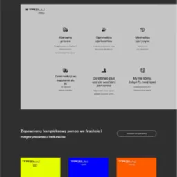 Projekt strony internetowej firmy transportowej Trill, prezentujący kluczowe korzyści: klarowny proces, optymalizacja kosztów, szybki czas reakcji i doradztwo.