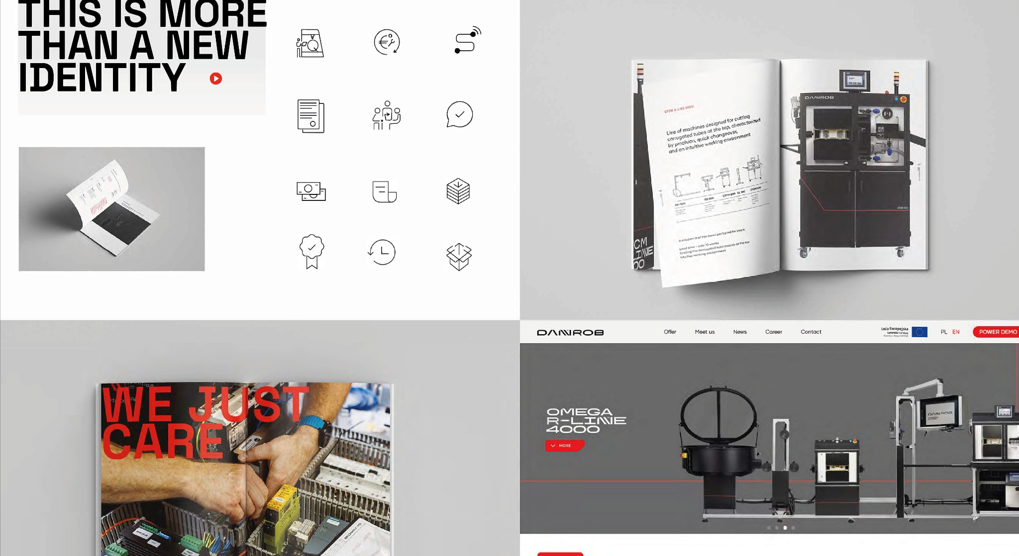 Układanka wizualna: ikony, katalog z maszyną Danrob, hasło 'To więcej niż nowa tożsamość' i fragment strony WWW firmy. Prezentacja identyfikacji wizualnej i oferty.
