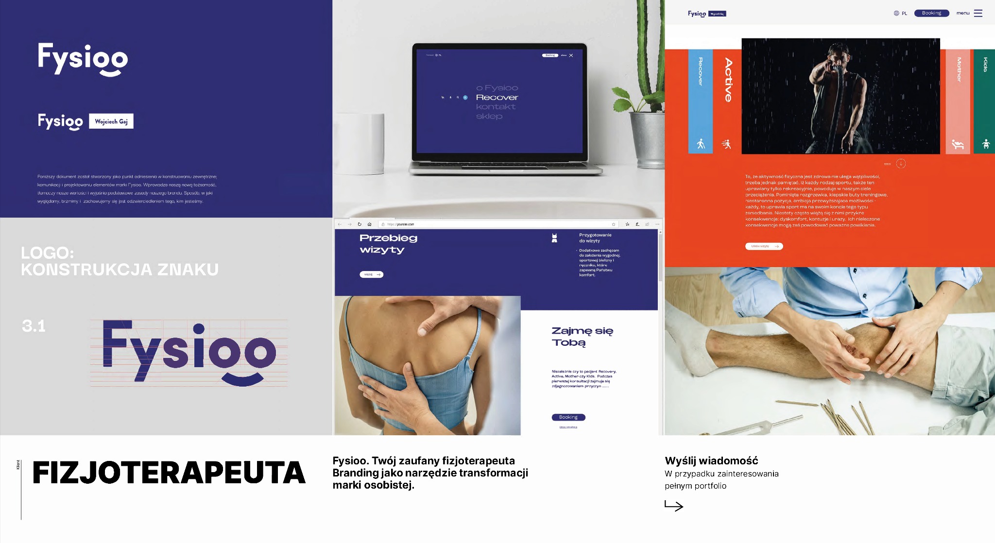 Prezentacja identyfikacji wizualnej Fysioo: logo, strona www na laptopie, fragment strony z masażem pleców i kolana. Całość w spójnej kolorystyce i stylu.