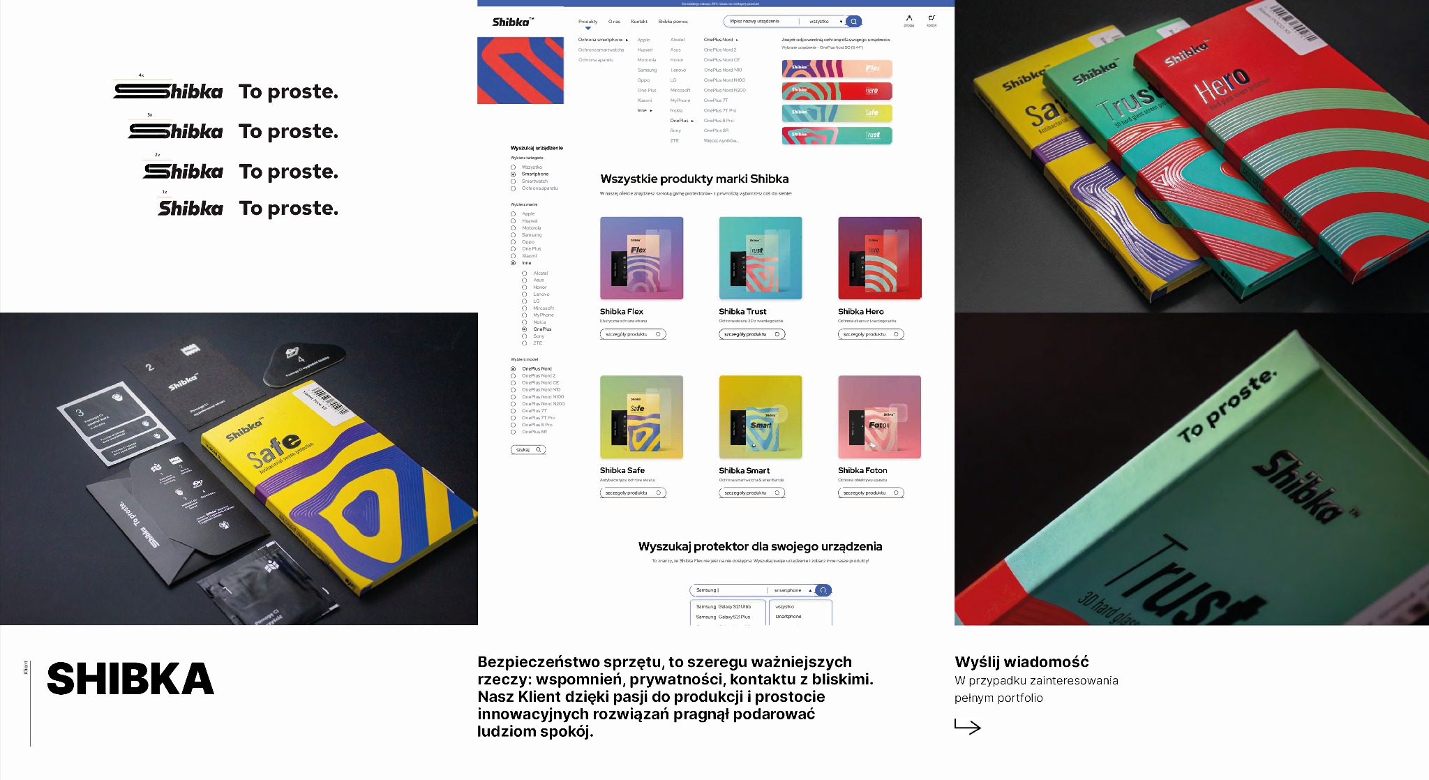 Ekspozycja produktów Shibka: opakowania szkieł ochronnych na smartfony, karty aplikacyjne i strona internetowa marki. Produkty 'Safe', 'Trust', 'Hero' na czarnym tle.