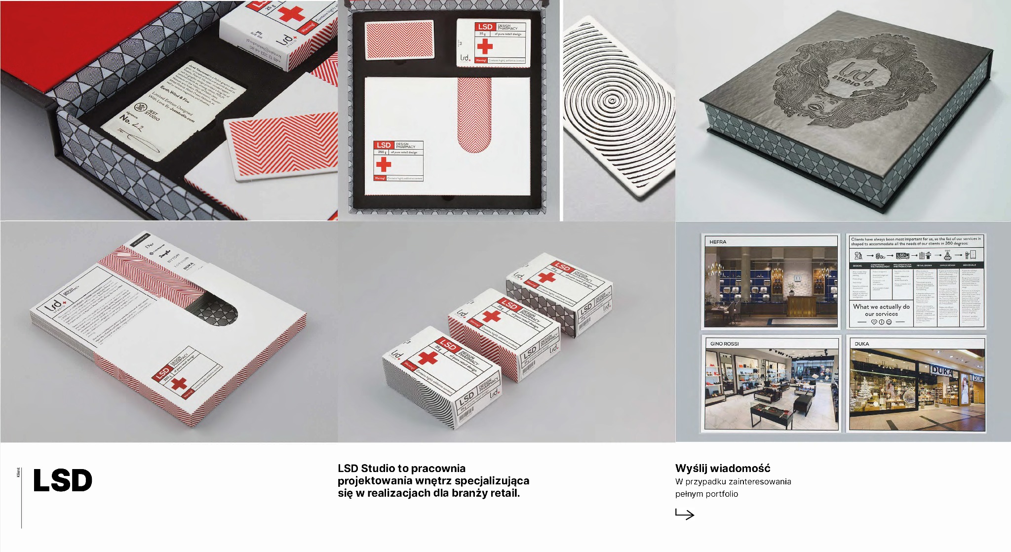 Zestaw materiałów identyfikacji wizualnej LSD Studio, w tym pudełka, wizytówki i papeteria, z motywem czerwonego krzyża na białym tle, prezentowany w eleganckim pudełku.
