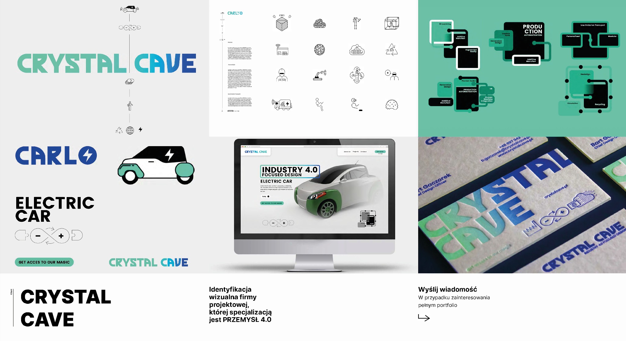 Identyfikacja wizualna firmy projektowej: logo, ikony, grafiki, strona www i wizytówki z nazwą 'Crystal Cave' i motywem elektromobilności/przemysłu 4.0.