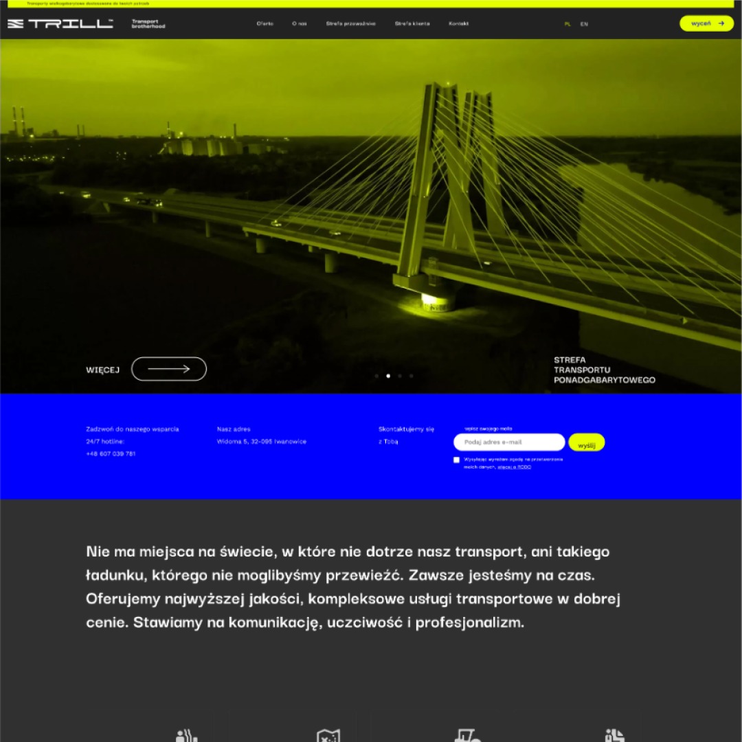 Strona internetowa Trill Transport Brotherhood z żółto-kobaltowym motywem. W sekcji hero animacja i zdjęcie mostu. Kontrastowe kolory budują rozpoznawalny wizerunek marki.