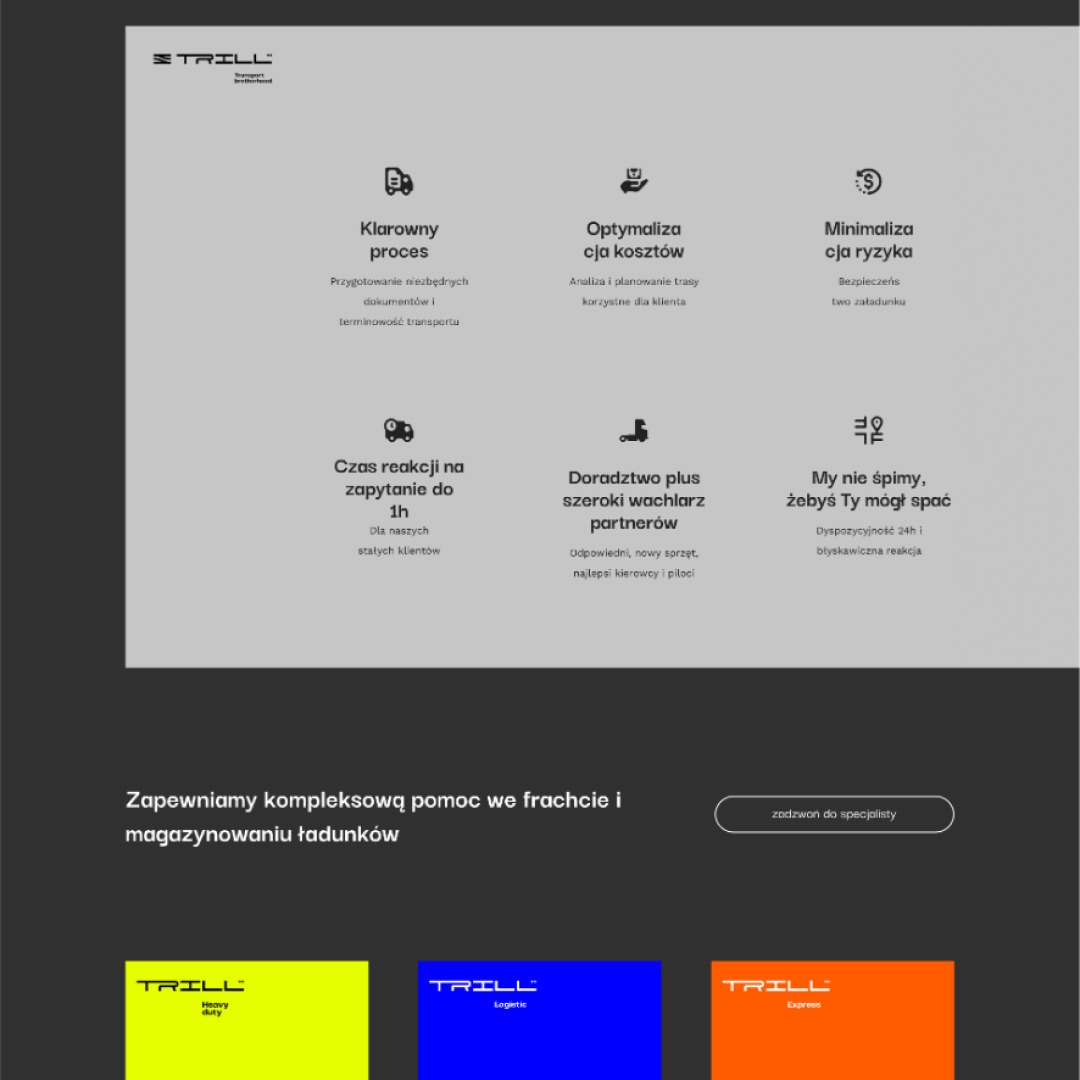 Projekt strony internetowej firmy transportowej Trill, prezentujący kluczowe korzyści: klarowny proces, optymalizacja kosztów, szybki czas reakcji i doradztwo.