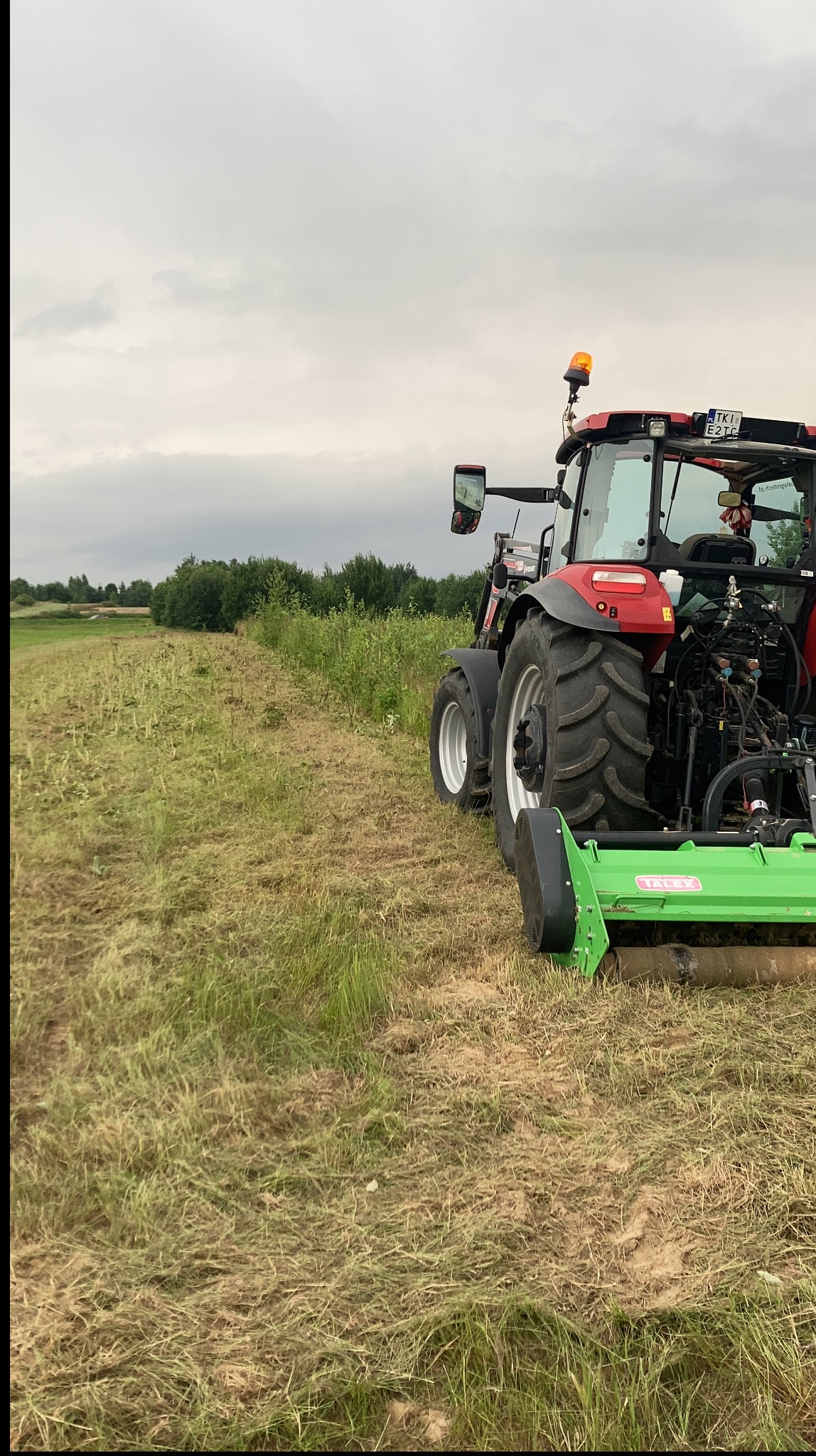 Czerwony traktor z zielonym agregatem koszącym na polu po koszeniu, widoczne ścięte źdźbła trawy i linia graniczna koszenia, pochmurne niebo w tle.