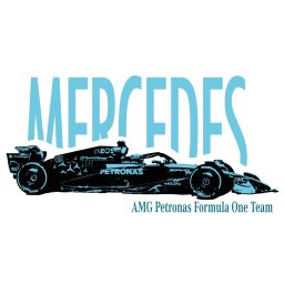 Weronika Kaczmarczyk - Grafika wektorowa bolidu Formuły 1 Mercedes AMG Petronas w odcieniach błękitu i czerni, z napisem 'MERCEDES' u góry i nazwą zespołu na dole. Design koszulki.