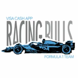 Grafika wektorowa bolidu Formuły 1 w niebiesko-czarnej kolorystyce z logotypami sponsorów i napisem 'RACING BULLS'. Design koszulki o tematyce Formuły 1.