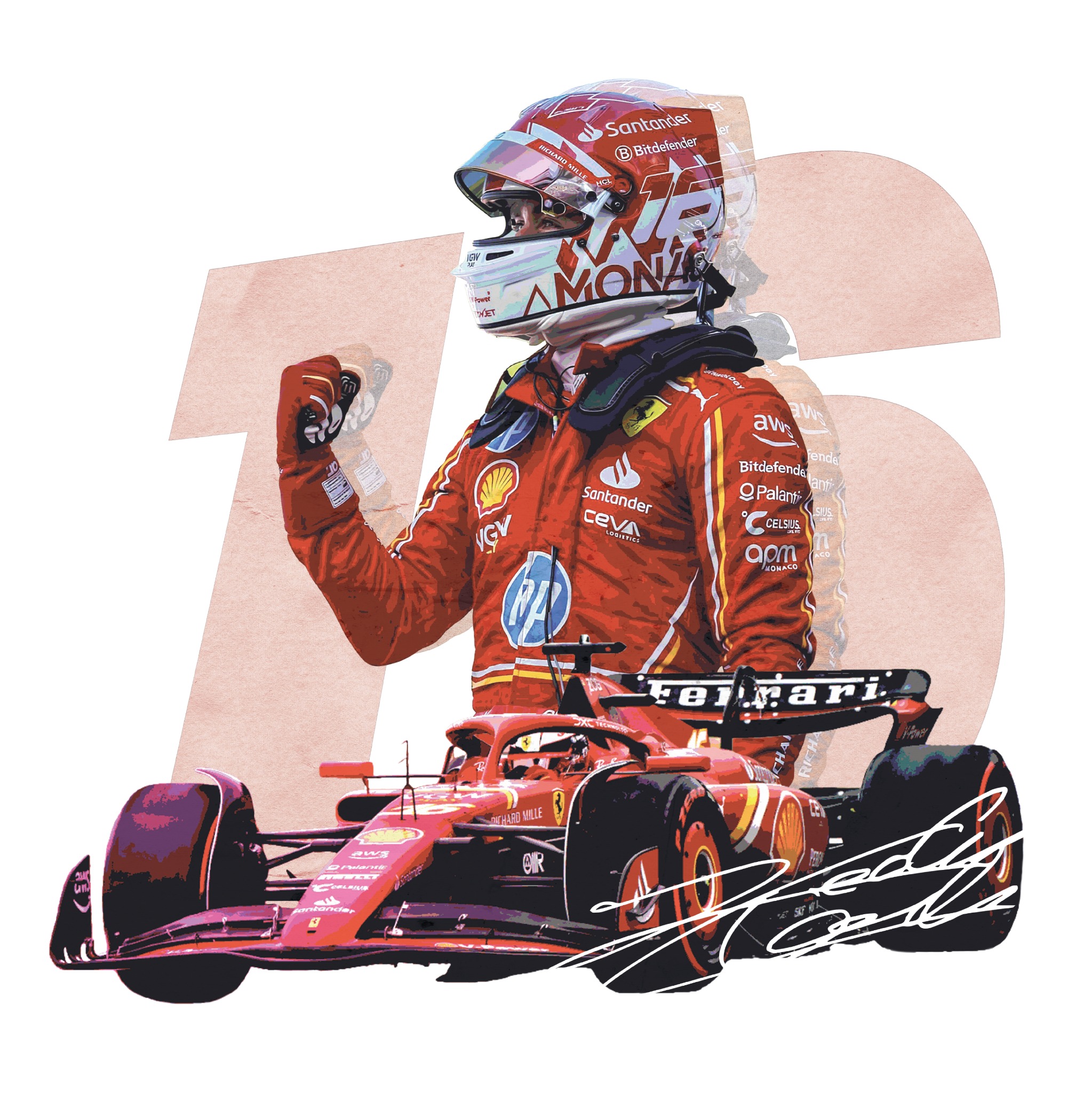 Ilustracja graficzna: kierowca Formuły 1 w czerwonym kombinezonie Ferrari, na tle bolidu, z numerem 75. Grafika w stylu pop-art z widocznymi detalami sponsorów.