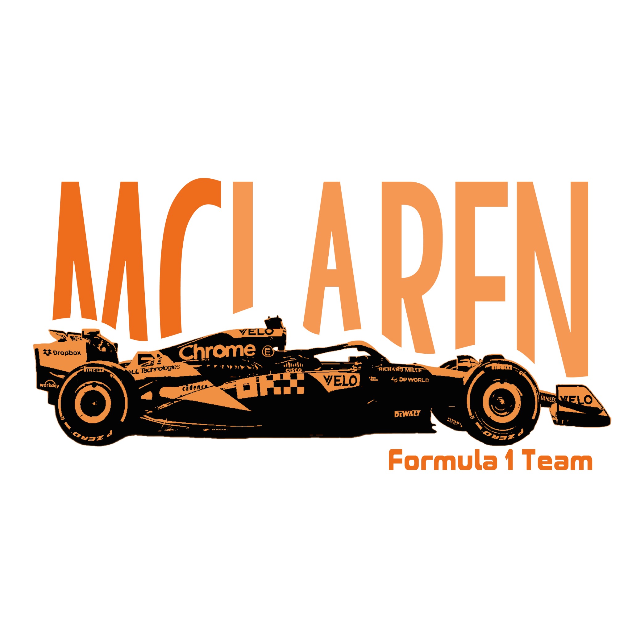Grafika przedstawia bolid Formuły 1 McLaren z dużym napisem 'McLaren' w kolorze pomarańczowym, oraz mniejszym napisem 'Formula 1 Team'.