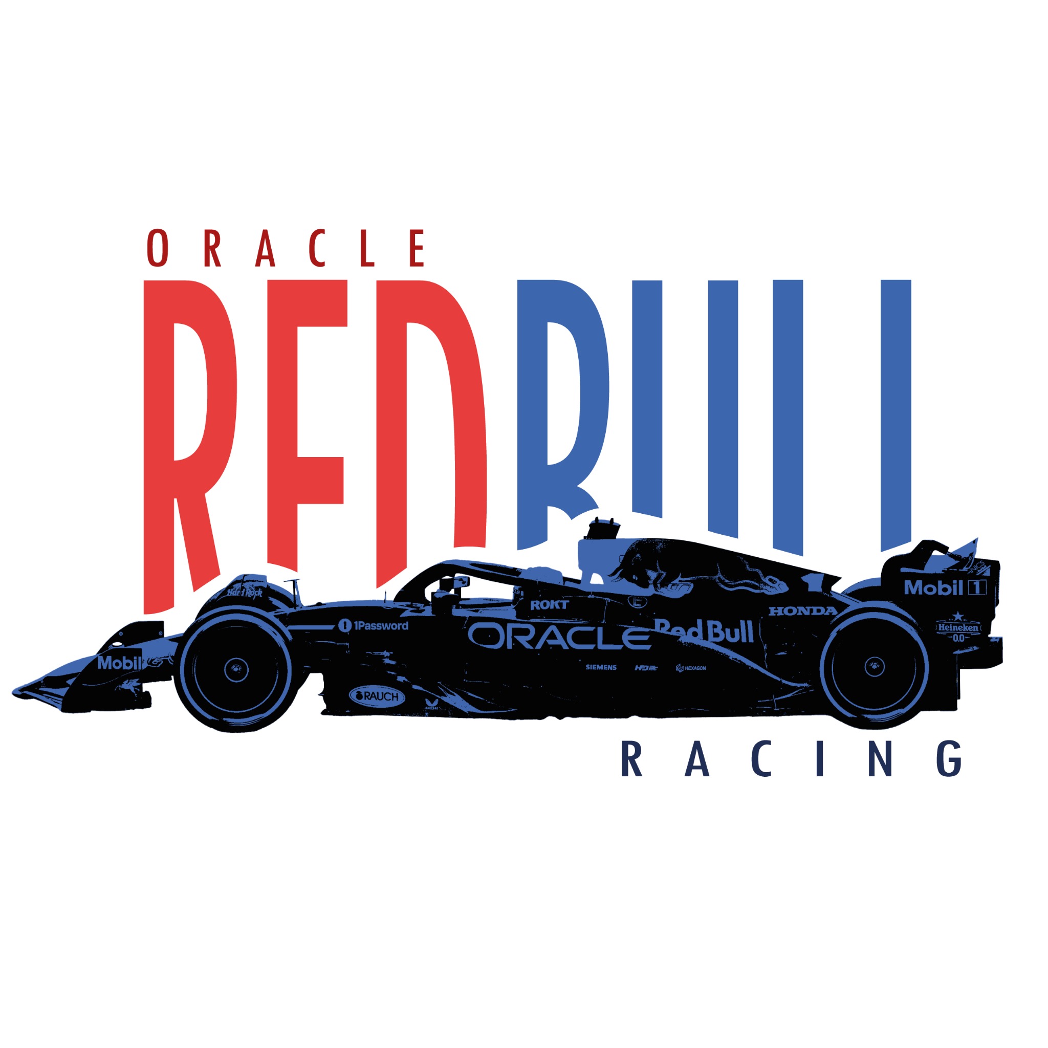 Grafika wektorowa bolidu Formuły 1 Red Bull Racing z logotypami sponsorów, utrzymana w stylistyce graficznej plakatu lub nadruku na odzież.